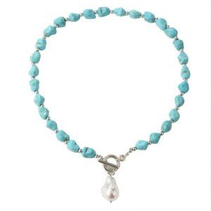 Baroque Pearl Charm Turquoise Howlite Nugget Toggle Necklace
